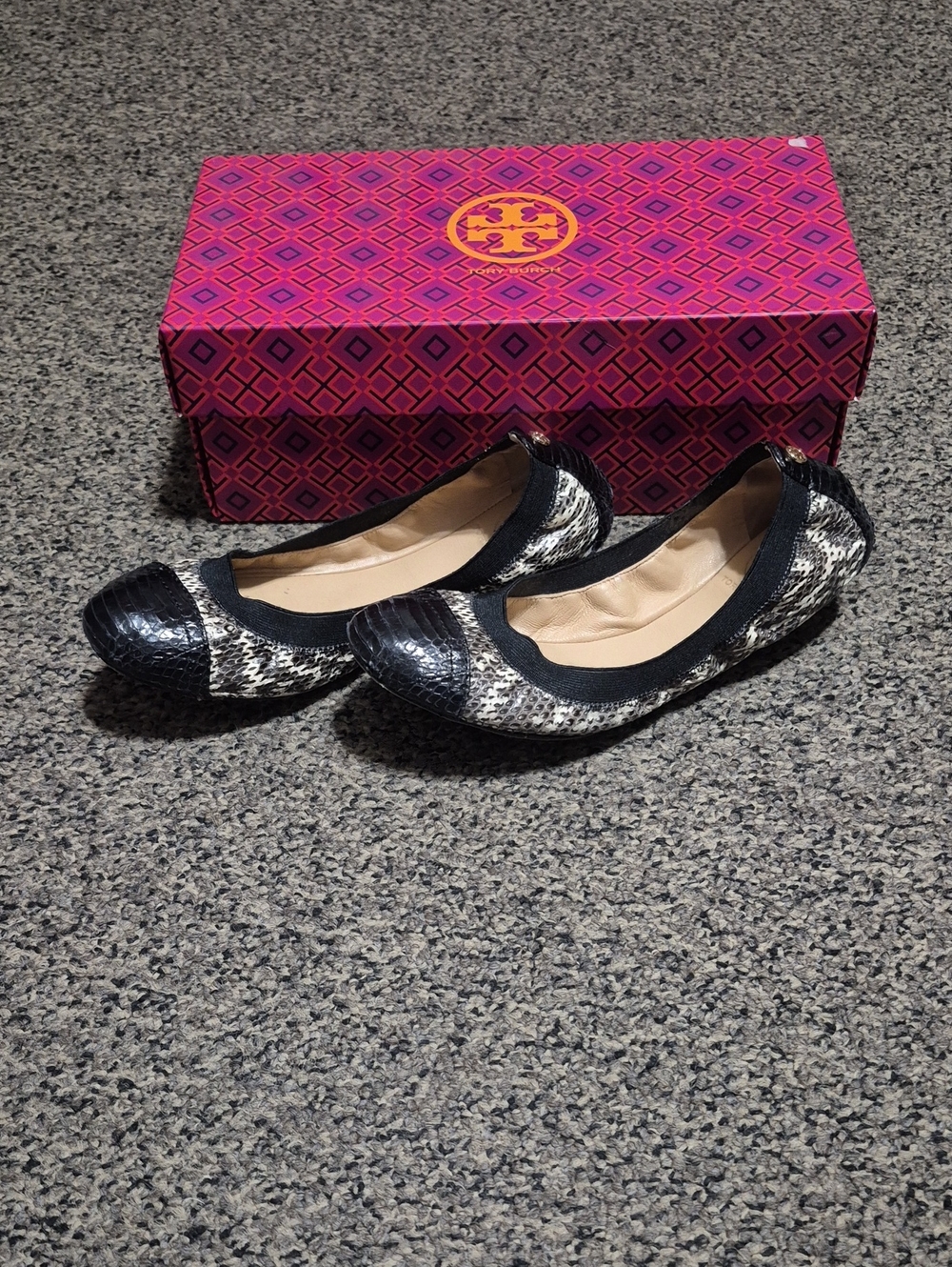 Tory Burch Black and Cream Snakeskin Ballet Flats